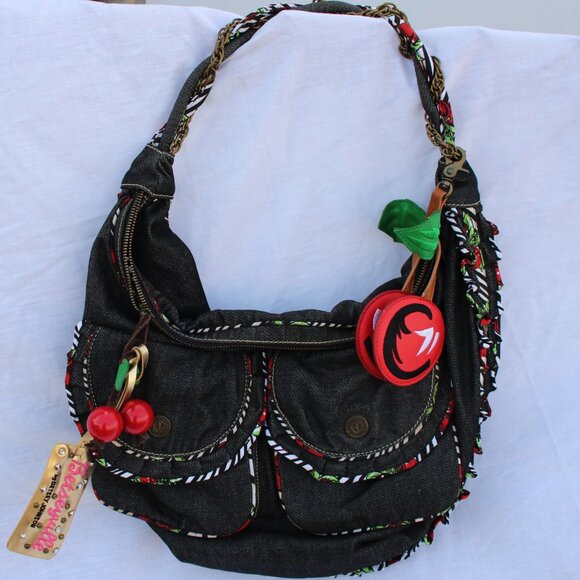 Betseyville by Betsey Johnson Denim Hobo Shoulder Bag with Cherry Charm Y2K - Picture 1 of 6